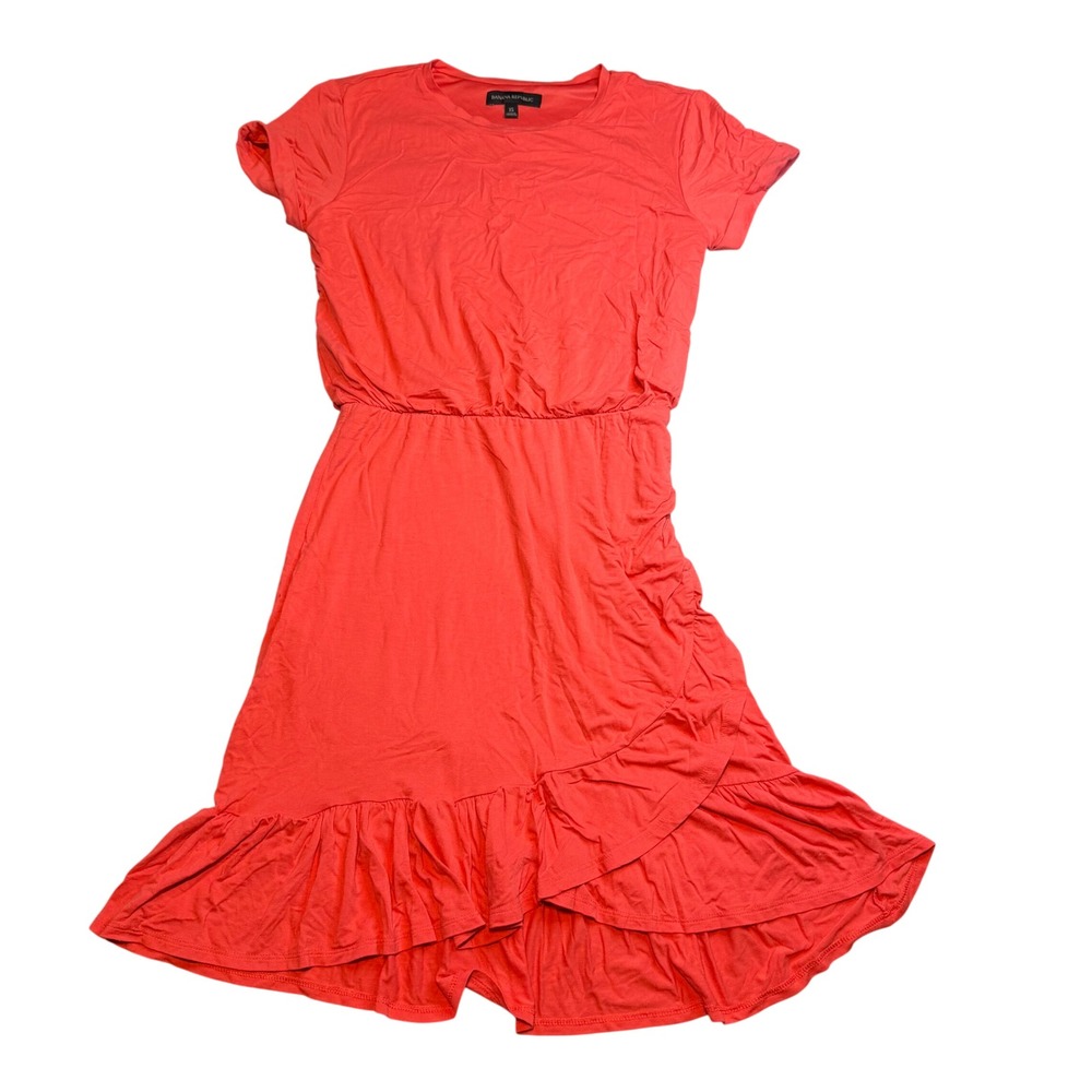 Banana‎ Republic Coral Pink Ruffle Hem Knit Dress Short Sleeve XS